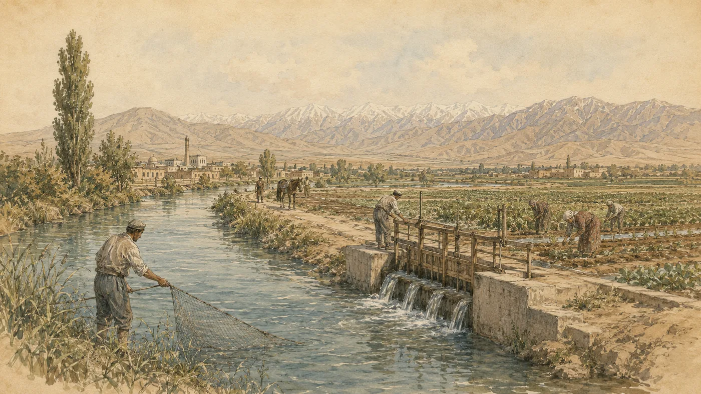 Fleuves, canaux et cultures irriguées : l'eau façonne les oasis et les vallées.