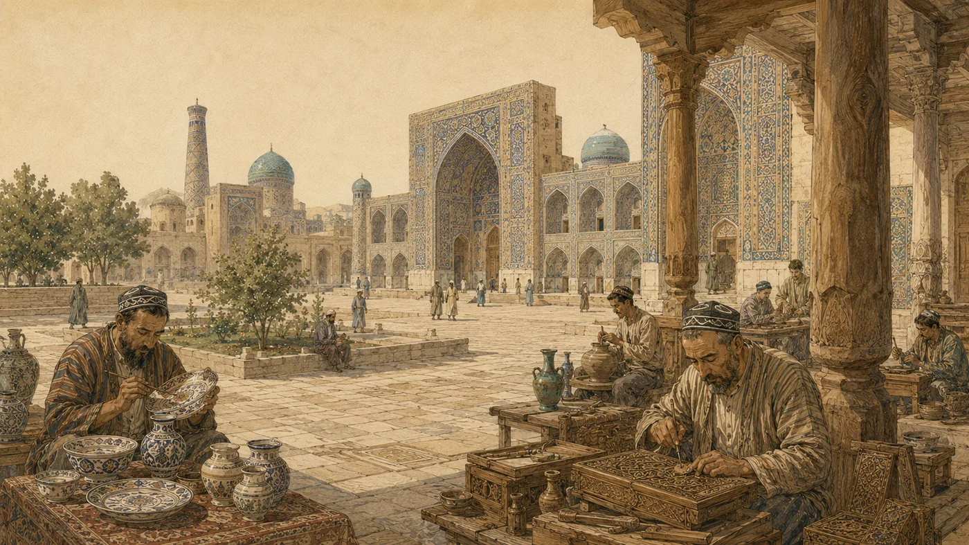 Ouzbékistan : patrimoine urbain, artisanat, céramique et vie des villes-oasis.